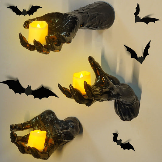 Gothic Halloween Indoor Decor: 12-Pack Bat Sticker Wall Hangings (Spooky Hands & Lit Candles)
