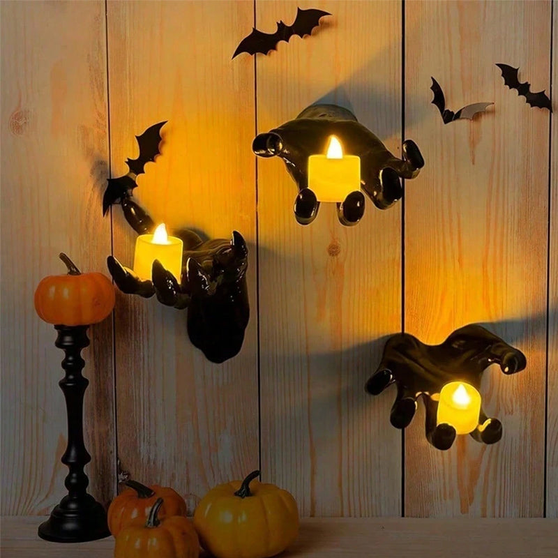 Gothic Halloween Indoor Decor: 12-Pack Bat Sticker Wall Hangings (Spooky Hands & Lit Candles)